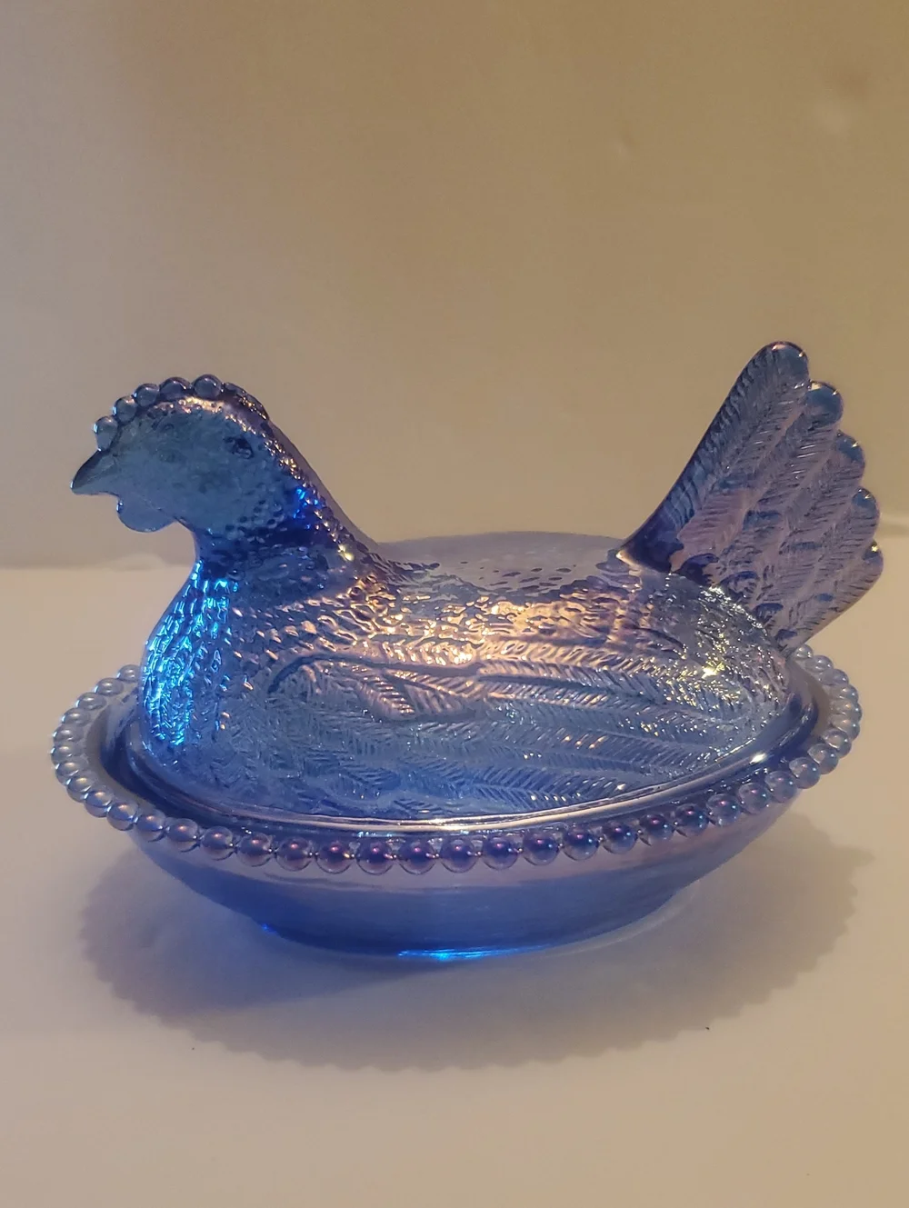 Rose's Closet Blue Carnival Glass Hen On Nest